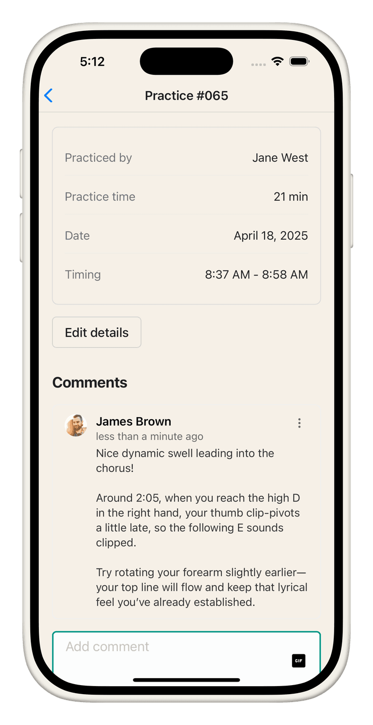 Screenshot of Shiro Student App showing a student receiving feedback on a practice session