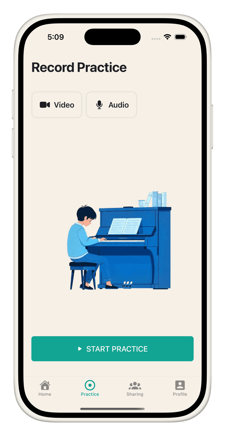 Screenshot of Shiro Student App showing a student recording a practice session