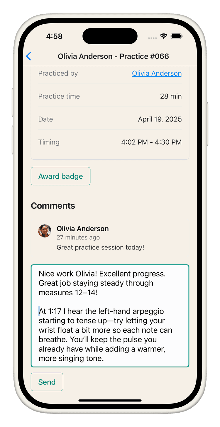 Screenshot of Shiro Teacher App showing leaving a comment on a student's practice session